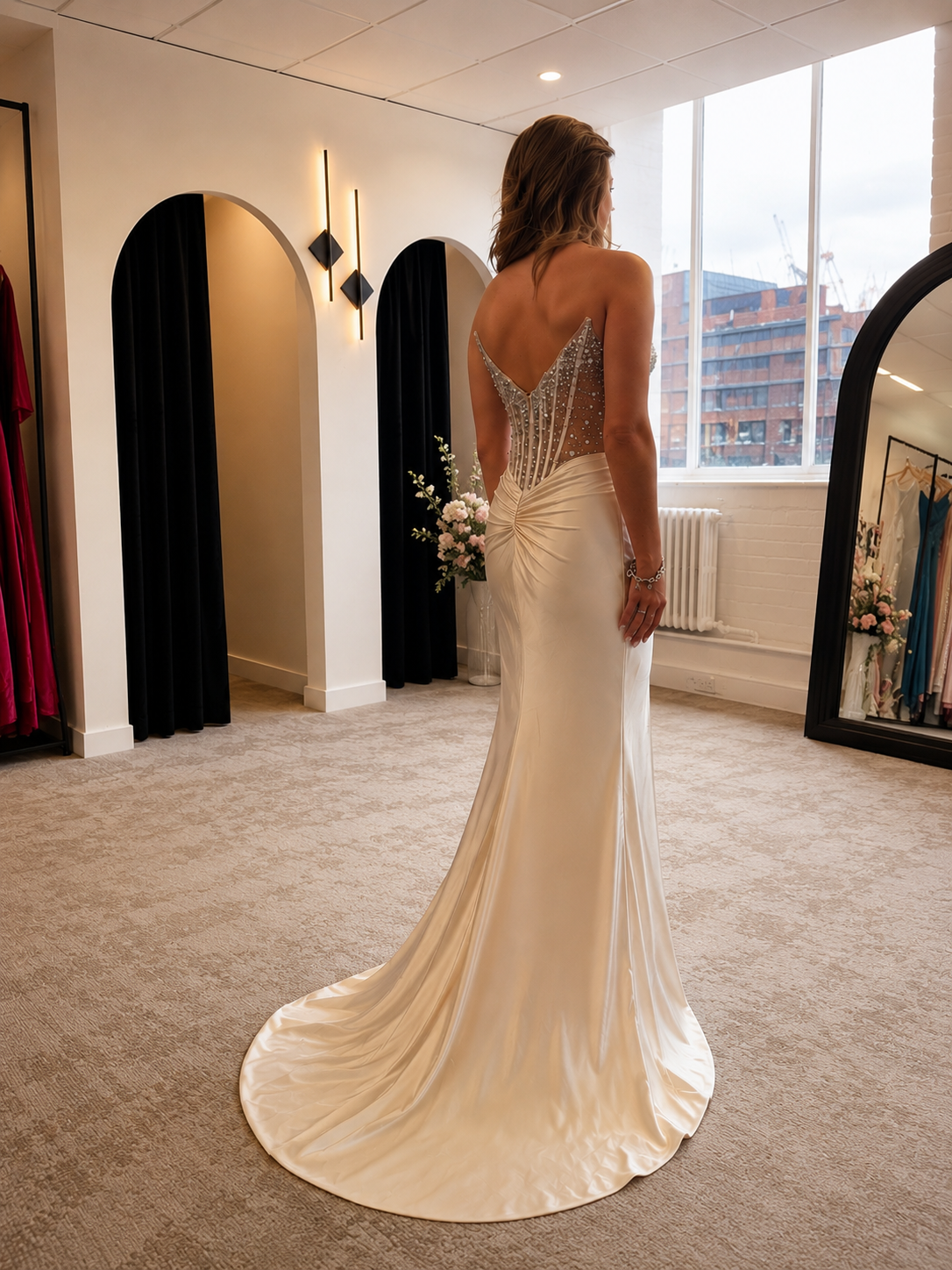 CHAMPAGNE BEADED SATIN GOWN