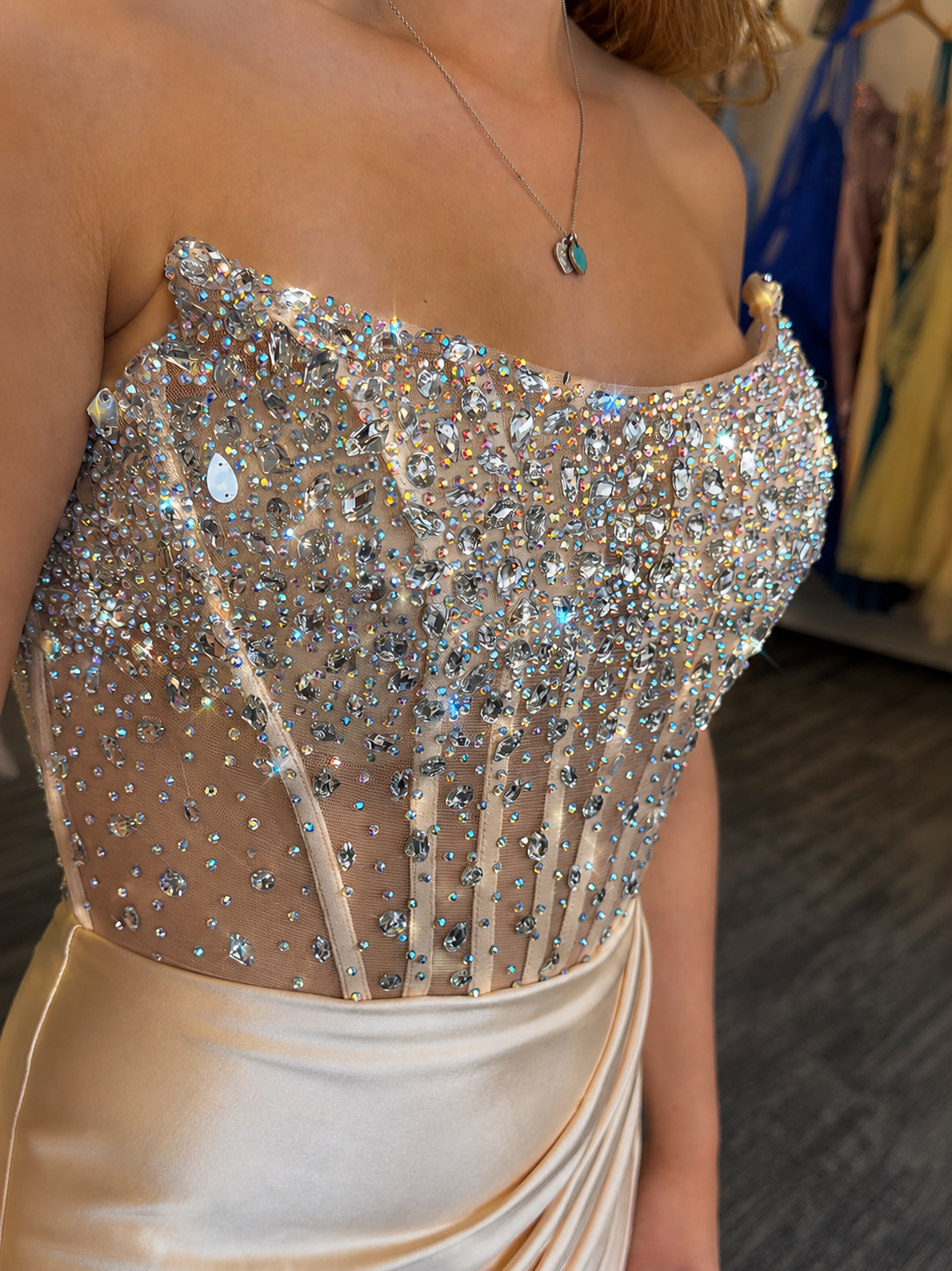 CHAMPAGNE BEADED SATIN GOWN