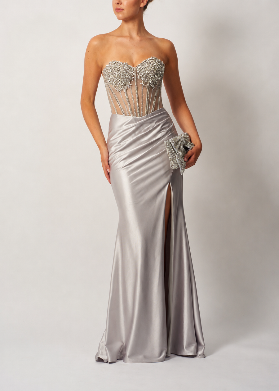 BEADED BOW JERSEY SILVER