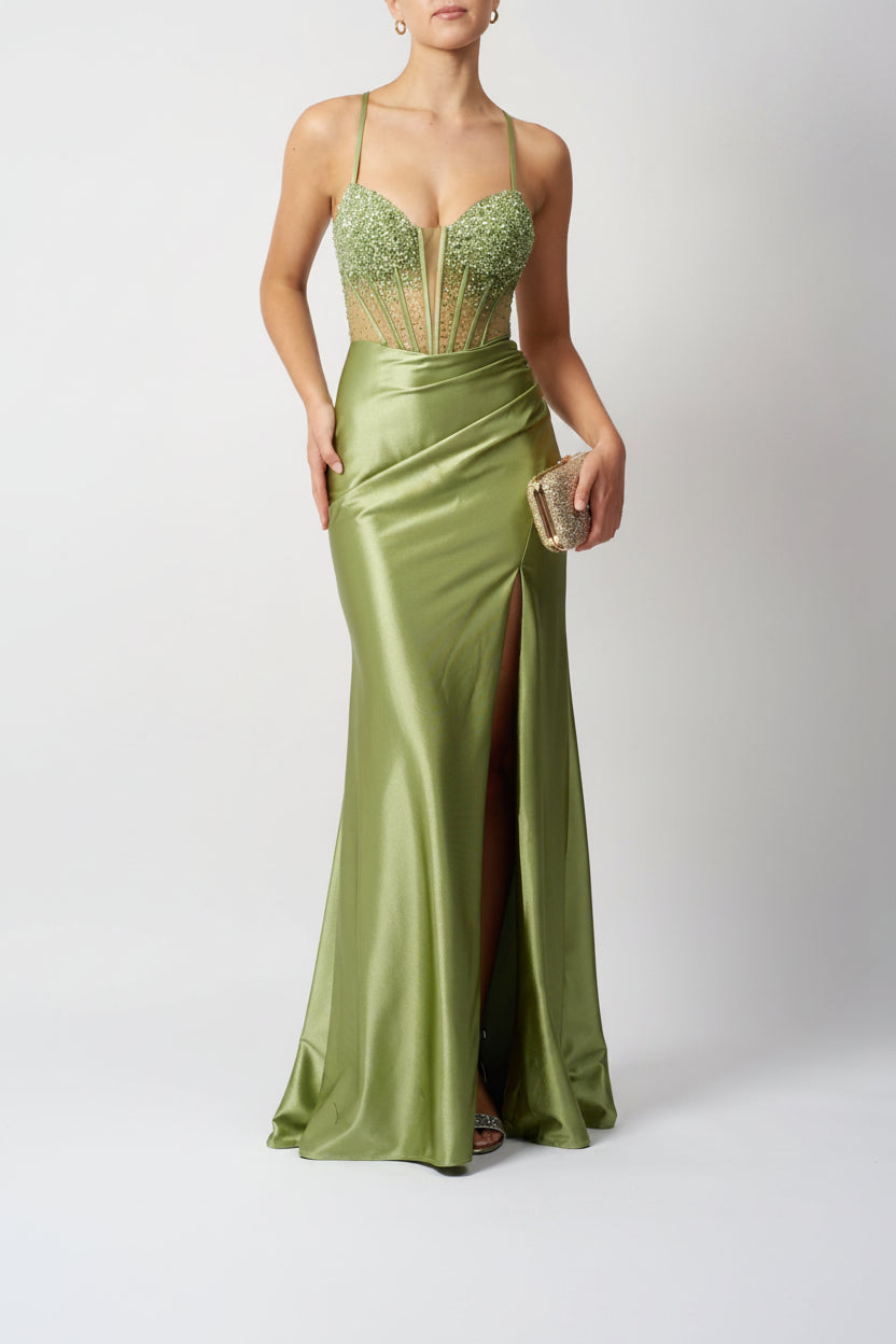 BEADED TIE BACK OLIVE